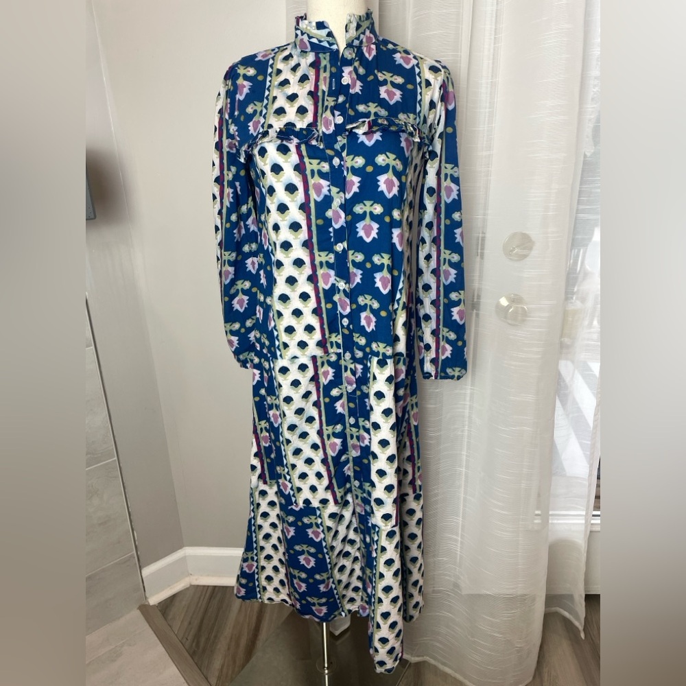 Hampton House Long Sleeve Cotton Floral Blue Shirt Prairie Dress Midi Size XS